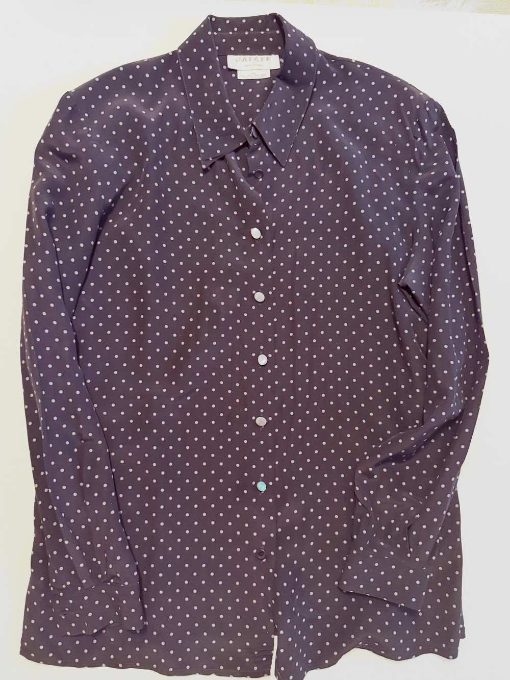 Jaeger made in Italy 100% Silk Women's Navy Polka Dot Button-Down Shirt EUC!